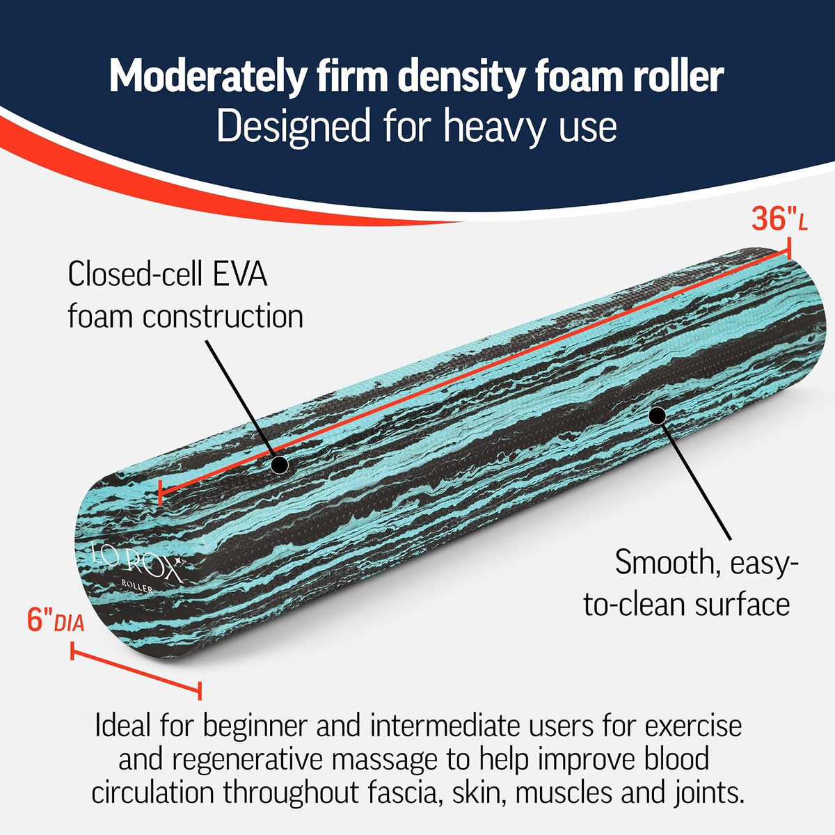 Lo Rox Foam Roller – Moderately Firm Density, Round, Teal, 36" x 6"
