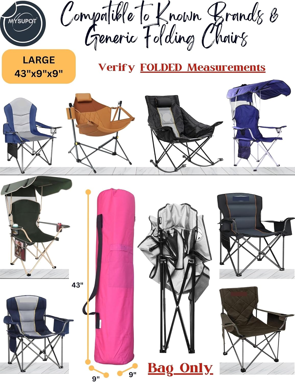 43"x9"x9" (Pink, L) Replacement Bag for Folding Camping Chair, Camp Chairs, Hammock, Yoga Mat, Beach Chair, Umbrella, Tent Bag 420D Oxford Polyester Fabric w/Side Pockets