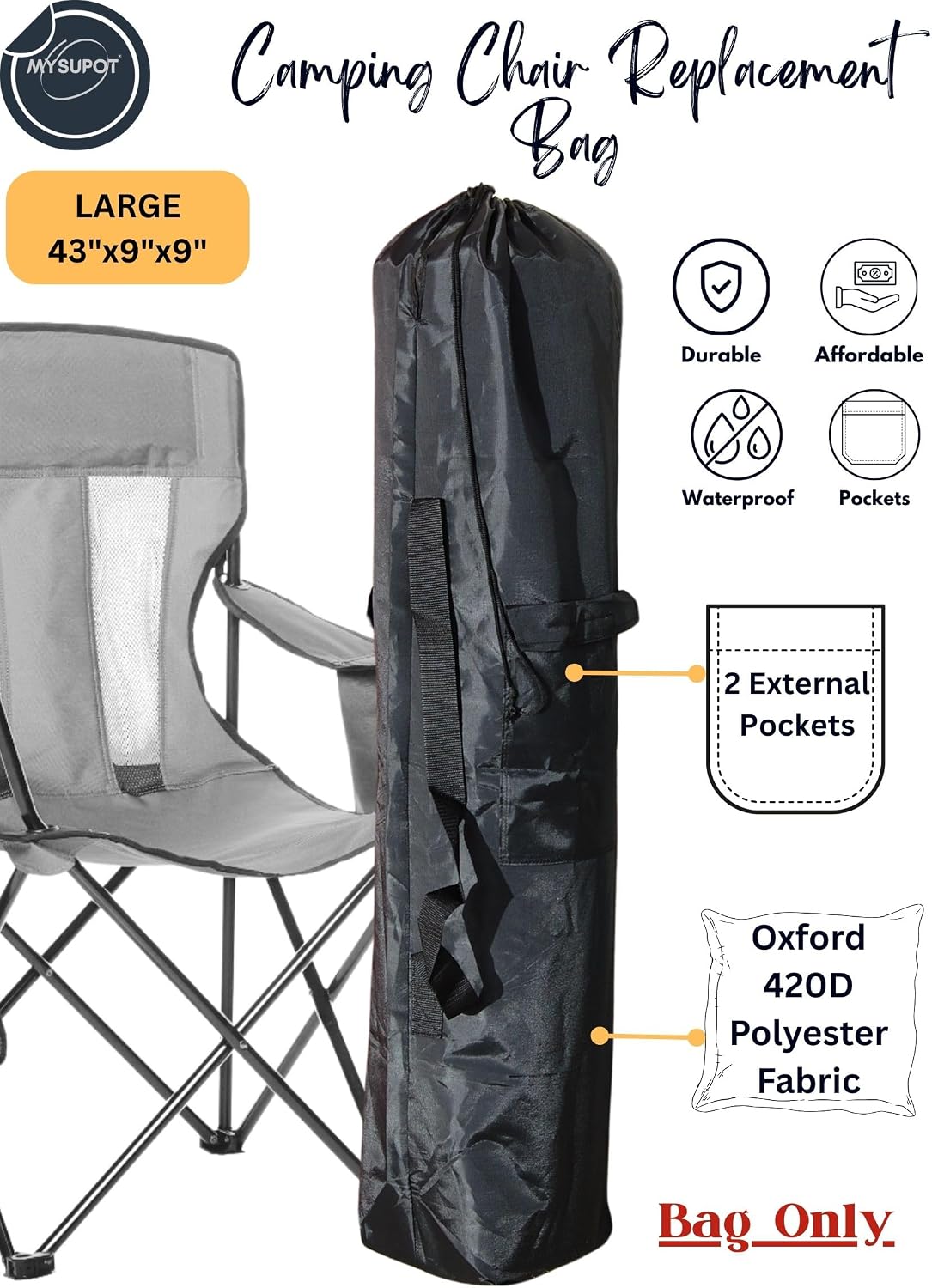 43"x9"x9" (Pink, L) Replacement Bag for Folding Camping Chair, Camp Chairs, Hammock, Yoga Mat, Beach Chair, Umbrella, Tent Bag 420D Oxford Polyester Fabric w/Side Pockets