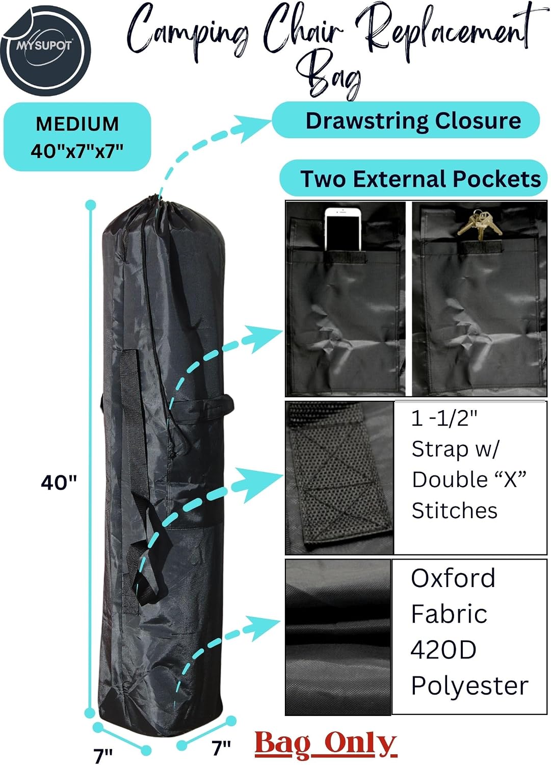 43"x9"x9" (Pink, L) Replacement Bag for Folding Camping Chair, Camp Chairs, Hammock, Yoga Mat, Beach Chair, Umbrella, Tent Bag 420D Oxford Polyester Fabric w/Side Pockets
