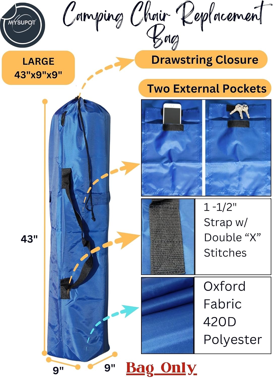 43"x9"x9" (Pink, L) Replacement Bag for Folding Camping Chair, Camp Chairs, Hammock, Yoga Mat, Beach Chair, Umbrella, Tent Bag 420D Oxford Polyester Fabric w/Side Pockets