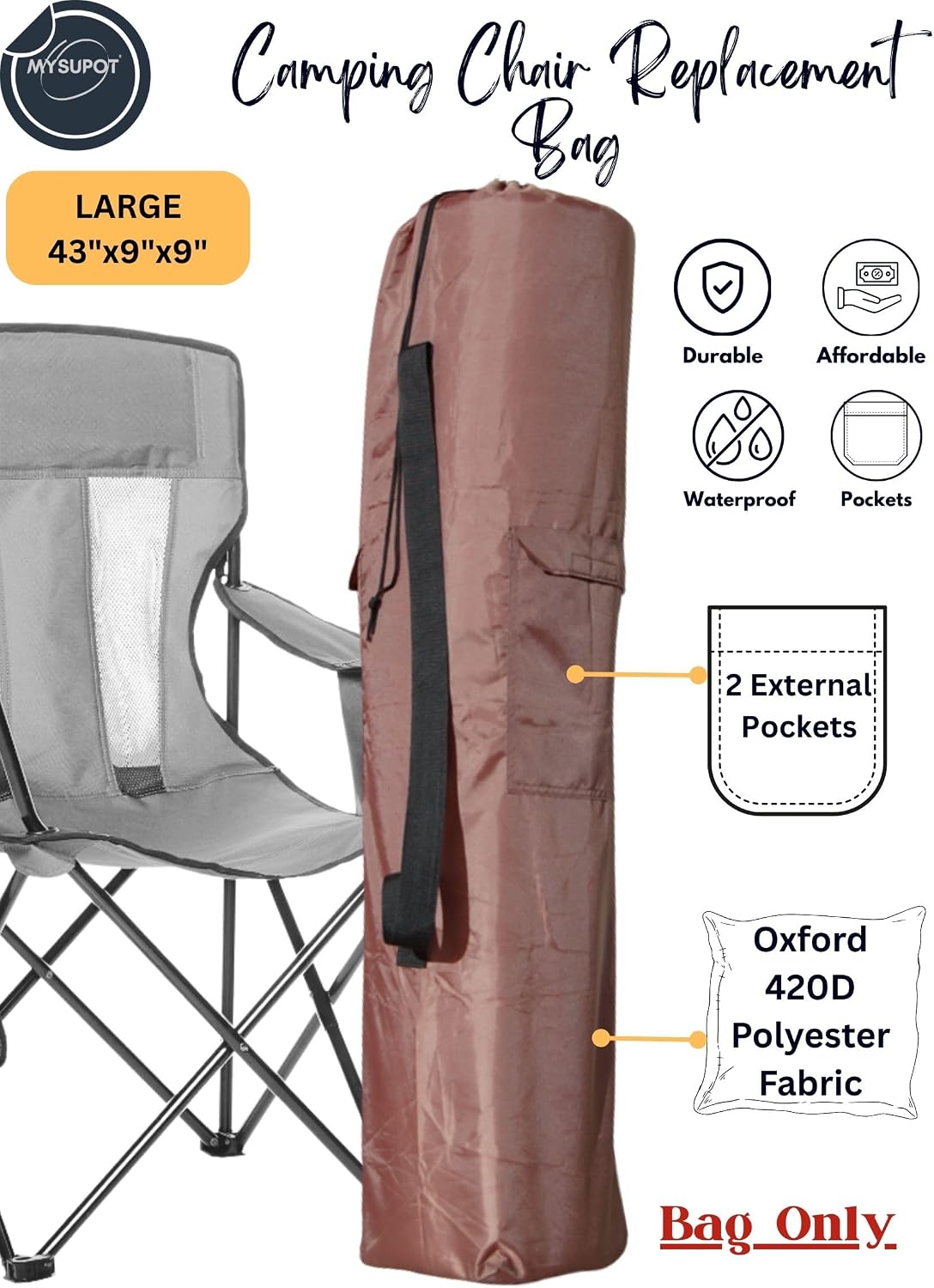43"x9"x9" (Pink, L) Replacement Bag for Folding Camping Chair, Camp Chairs, Hammock, Yoga Mat, Beach Chair, Umbrella, Tent Bag 420D Oxford Polyester Fabric w/Side Pockets