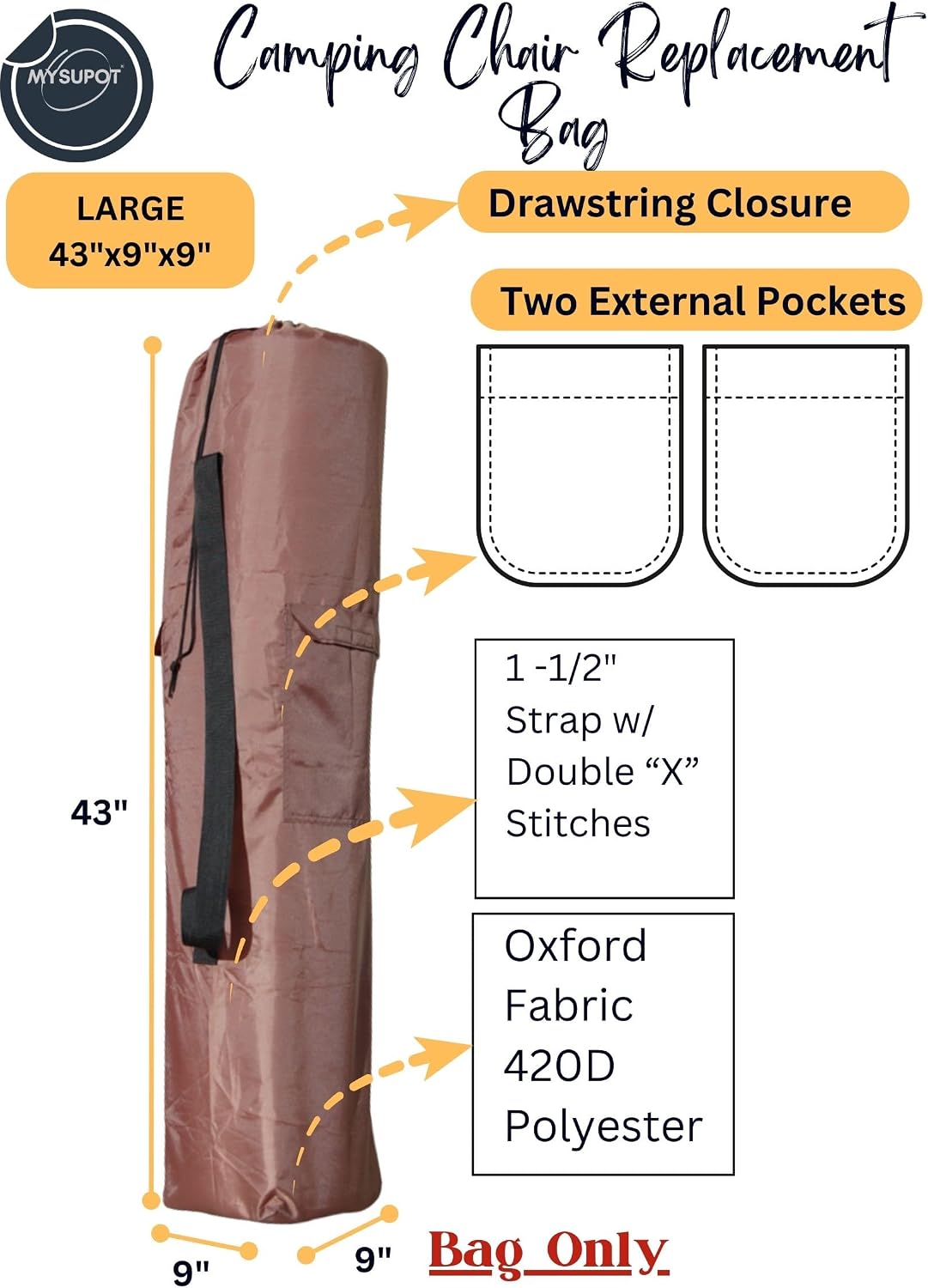 43"x9"x9" (Pink, L) Replacement Bag for Folding Camping Chair, Camp Chairs, Hammock, Yoga Mat, Beach Chair, Umbrella, Tent Bag 420D Oxford Polyester Fabric w/Side Pockets