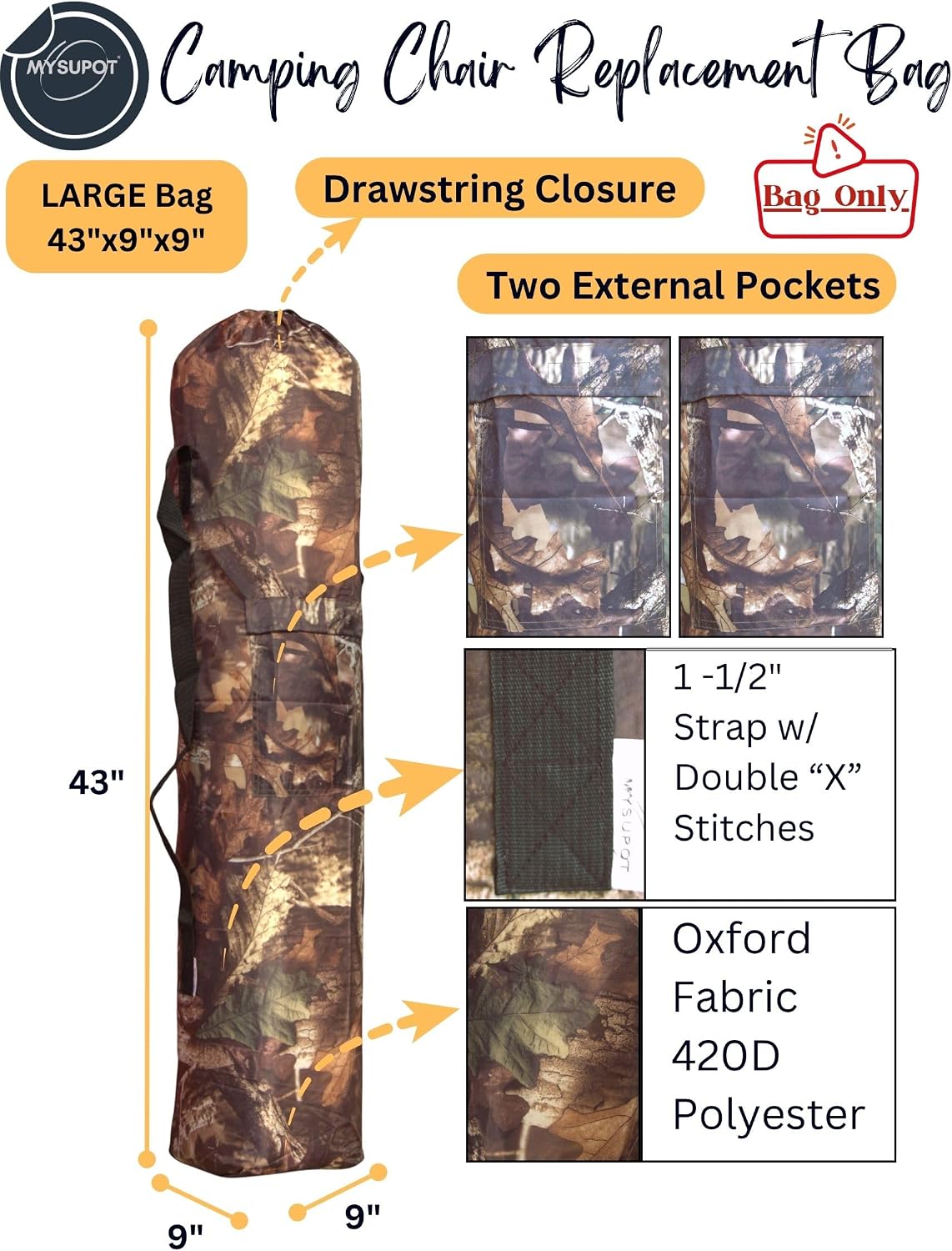 43"x9"x9" (Pink, L) Replacement Bag for Folding Camping Chair, Camp Chairs, Hammock, Yoga Mat, Beach Chair, Umbrella, Tent Bag 420D Oxford Polyester Fabric w/Side Pockets