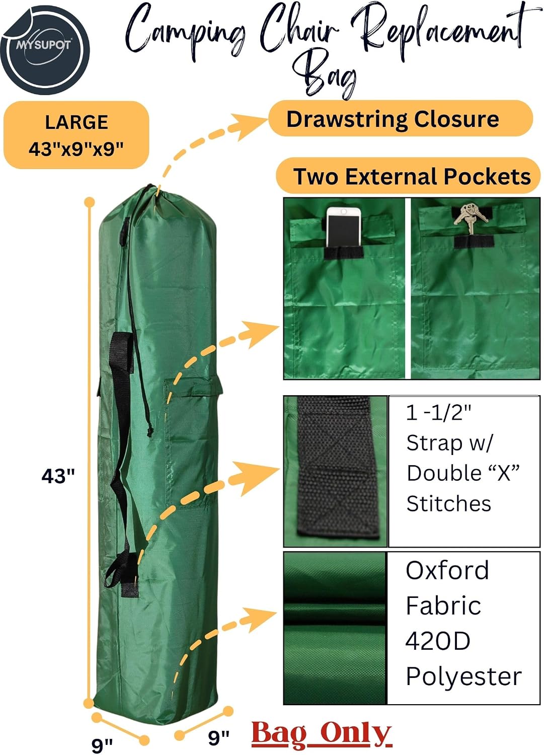 43"x9"x9" (Pink, L) Replacement Bag for Folding Camping Chair, Camp Chairs, Hammock, Yoga Mat, Beach Chair, Umbrella, Tent Bag 420D Oxford Polyester Fabric w/Side Pockets