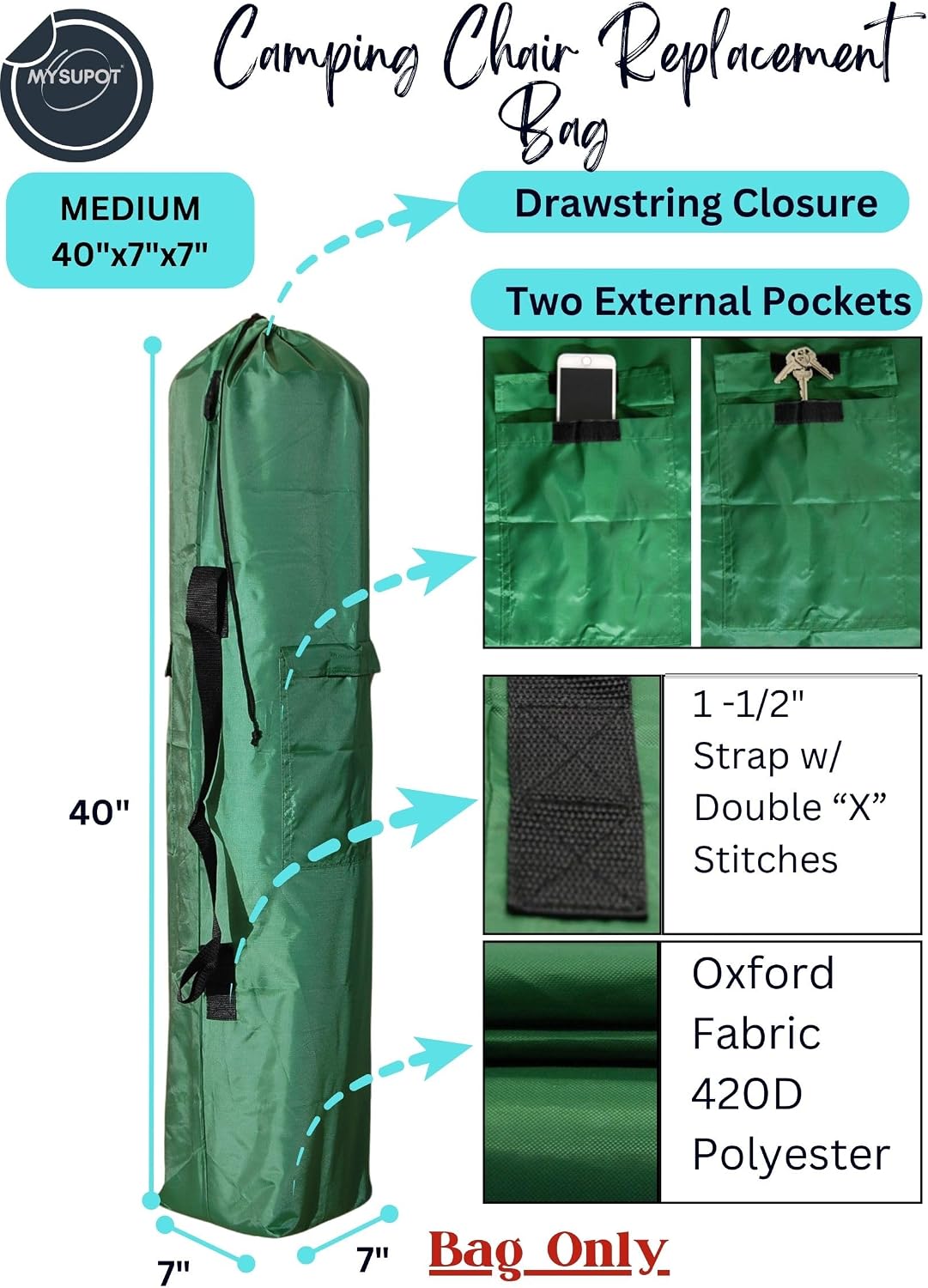 43"x9"x9" (Pink, L) Replacement Bag for Folding Camping Chair, Camp Chairs, Hammock, Yoga Mat, Beach Chair, Umbrella, Tent Bag 420D Oxford Polyester Fabric w/Side Pockets