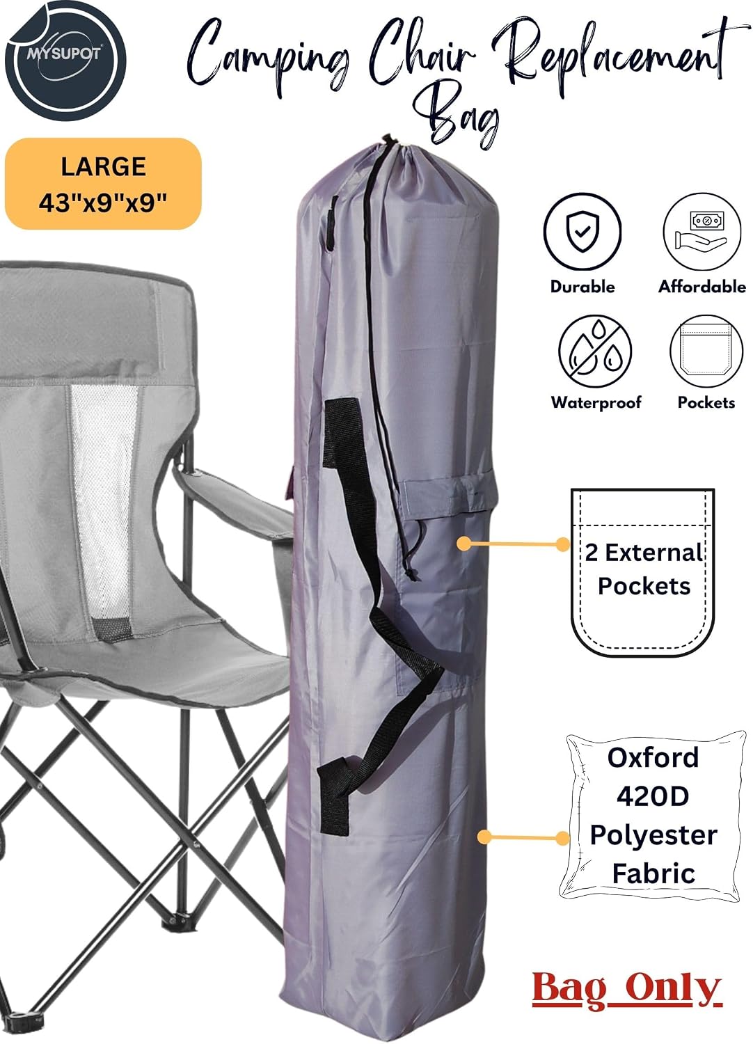 43"x9"x9" (Pink, L) Replacement Bag for Folding Camping Chair, Camp Chairs, Hammock, Yoga Mat, Beach Chair, Umbrella, Tent Bag 420D Oxford Polyester Fabric w/Side Pockets