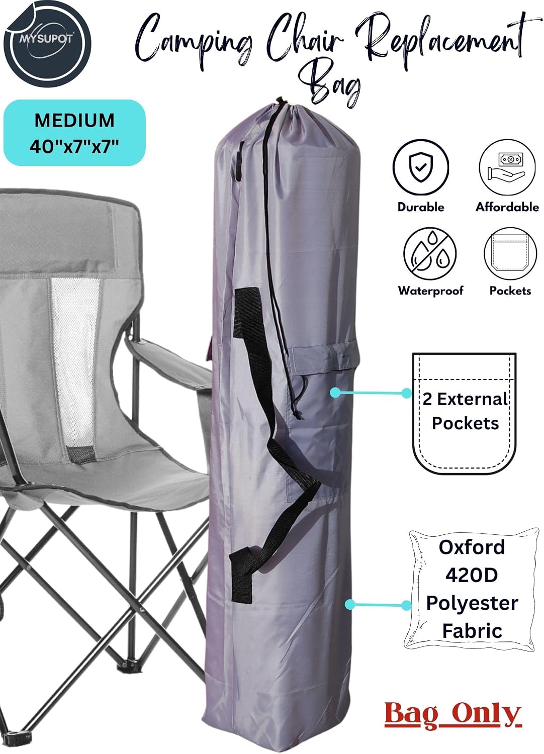 43"x9"x9" (Pink, L) Replacement Bag for Folding Camping Chair, Camp Chairs, Hammock, Yoga Mat, Beach Chair, Umbrella, Tent Bag 420D Oxford Polyester Fabric w/Side Pockets