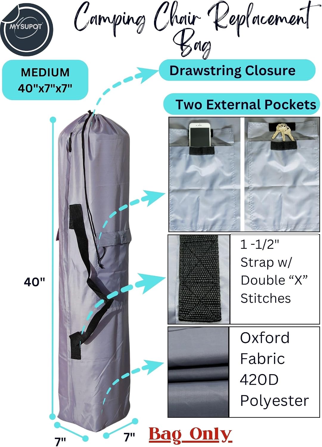 43"x9"x9" (Pink, L) Replacement Bag for Folding Camping Chair, Camp Chairs, Hammock, Yoga Mat, Beach Chair, Umbrella, Tent Bag 420D Oxford Polyester Fabric w/Side Pockets