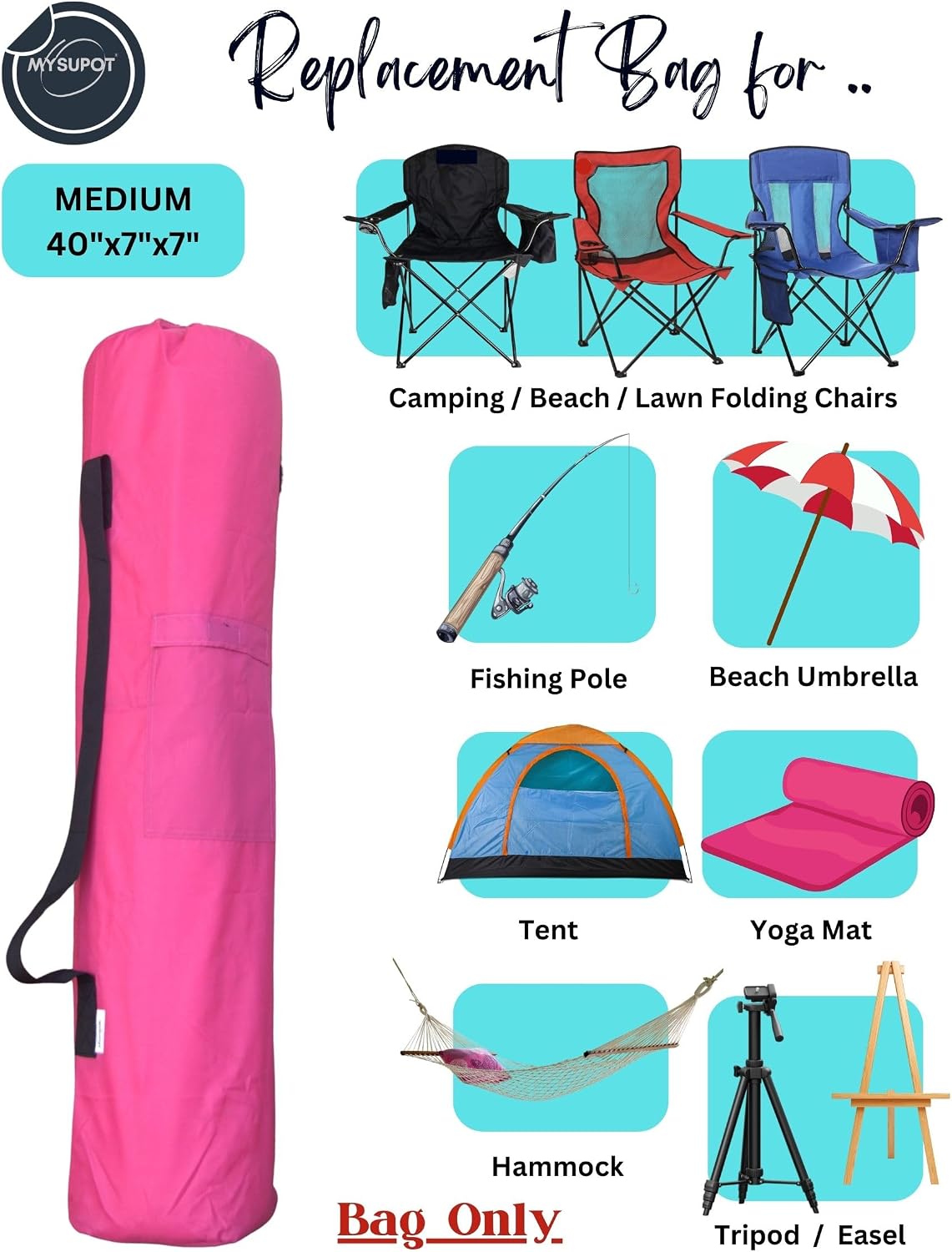 43"x9"x9" (Pink, L) Replacement Bag for Folding Camping Chair, Camp Chairs, Hammock, Yoga Mat, Beach Chair, Umbrella, Tent Bag 420D Oxford Polyester Fabric w/Side Pockets