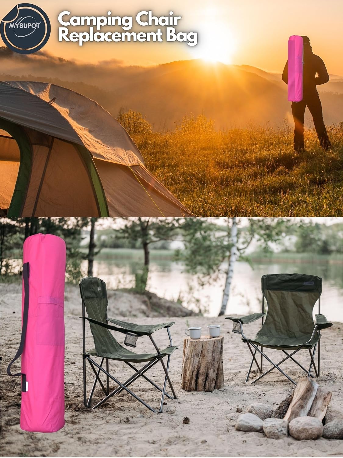 43"x9"x9" (Pink, L) Replacement Bag for Folding Camping Chair, Camp Chairs, Hammock, Yoga Mat, Beach Chair, Umbrella, Tent Bag 420D Oxford Polyester Fabric w/Side Pockets