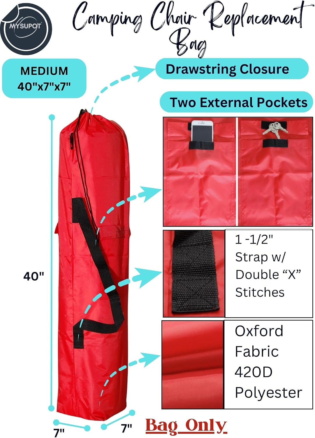 43"x9"x9" (Pink, L) Replacement Bag for Folding Camping Chair, Camp Chairs, Hammock, Yoga Mat, Beach Chair, Umbrella, Tent Bag 420D Oxford Polyester Fabric w/Side Pockets