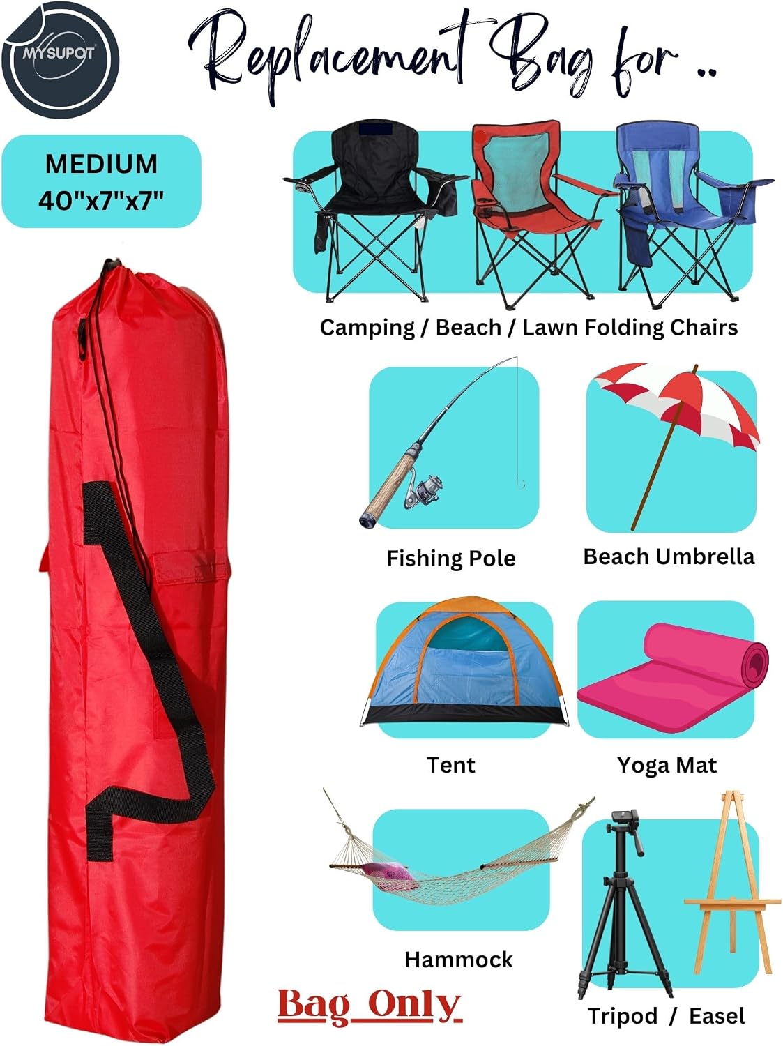 43"x9"x9" (Pink, L) Replacement Bag for Folding Camping Chair, Camp Chairs, Hammock, Yoga Mat, Beach Chair, Umbrella, Tent Bag 420D Oxford Polyester Fabric w/Side Pockets