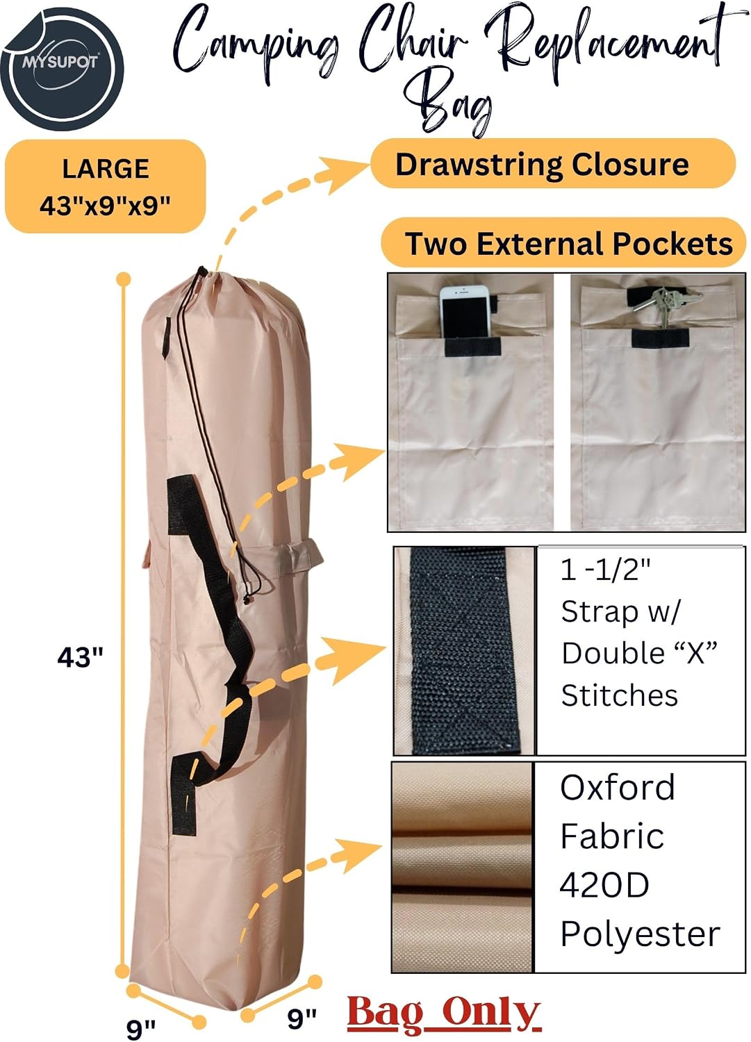 43"x9"x9" (Pink, L) Replacement Bag for Folding Camping Chair, Camp Chairs, Hammock, Yoga Mat, Beach Chair, Umbrella, Tent Bag 420D Oxford Polyester Fabric w/Side Pockets