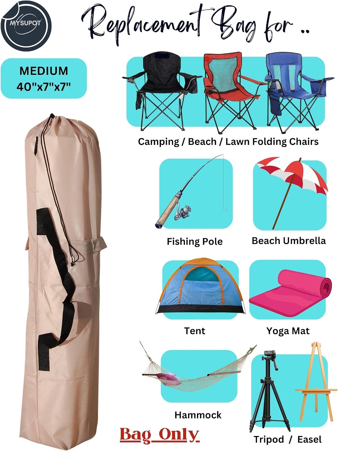 43"x9"x9" (Pink, L) Replacement Bag for Folding Camping Chair, Camp Chairs, Hammock, Yoga Mat, Beach Chair, Umbrella, Tent Bag 420D Oxford Polyester Fabric w/Side Pockets
