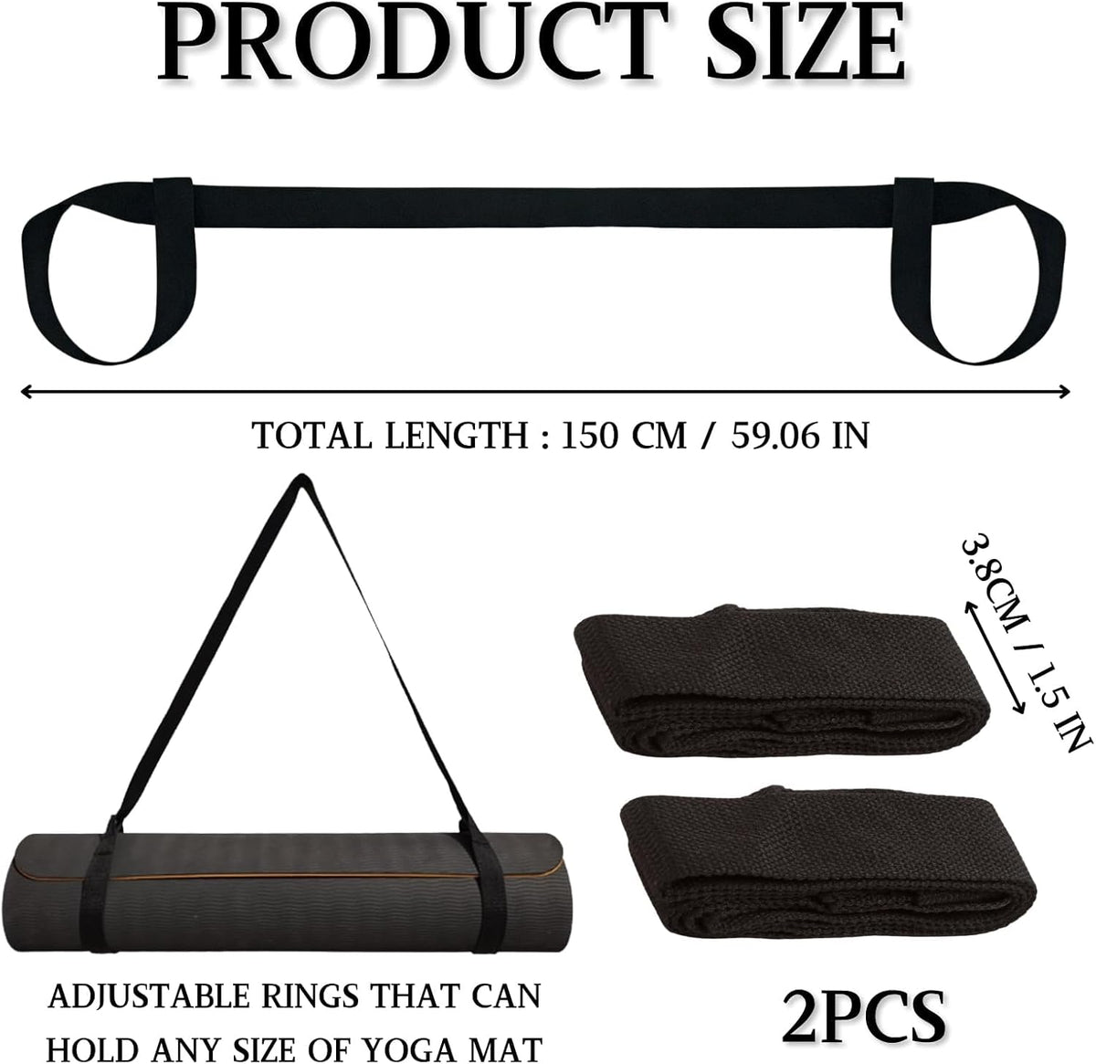 2 Pcs Yoga Mat Straps, Black Yoga Mat Straps For Women and Men, Yoga Mat Carrying Strap Sling, Adjustable Loops for all Mat Sizes Multipurpose Lightweight (Mat Not Included)