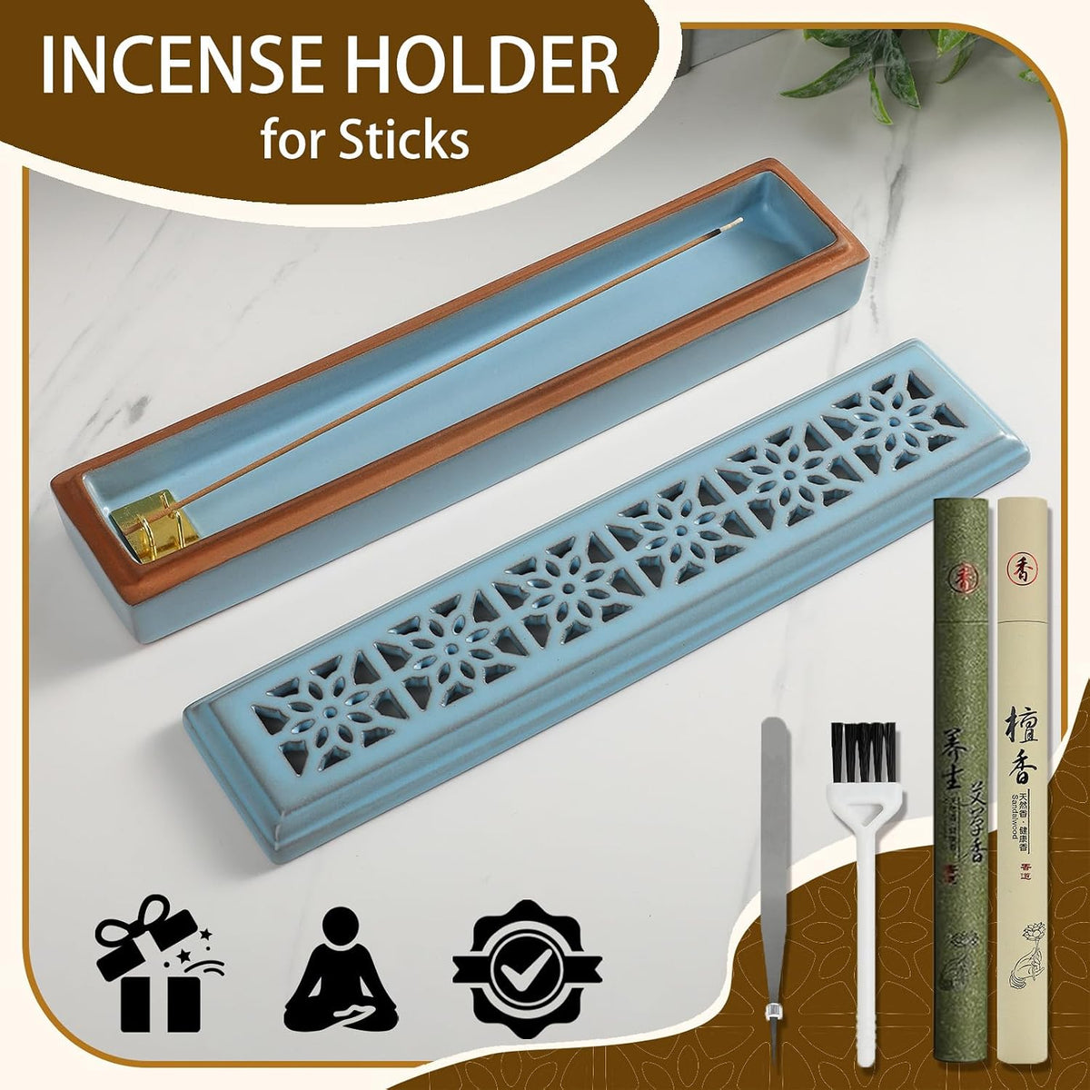 CEREMONY Incense Holder for Sticks，Ceramic Insence-Stick Holder Ash Catcher，Incense Holder Timkburner for Meditation Yoga Spa Room Decor