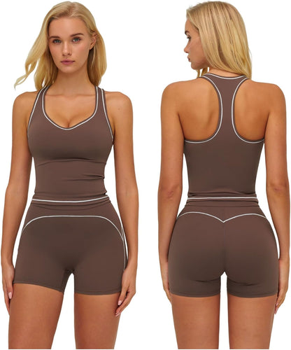 Two Piece Workout Sets for Women Color Block Racerback Tank Tops and High Waist Shorts Gym Yoga Outfits
