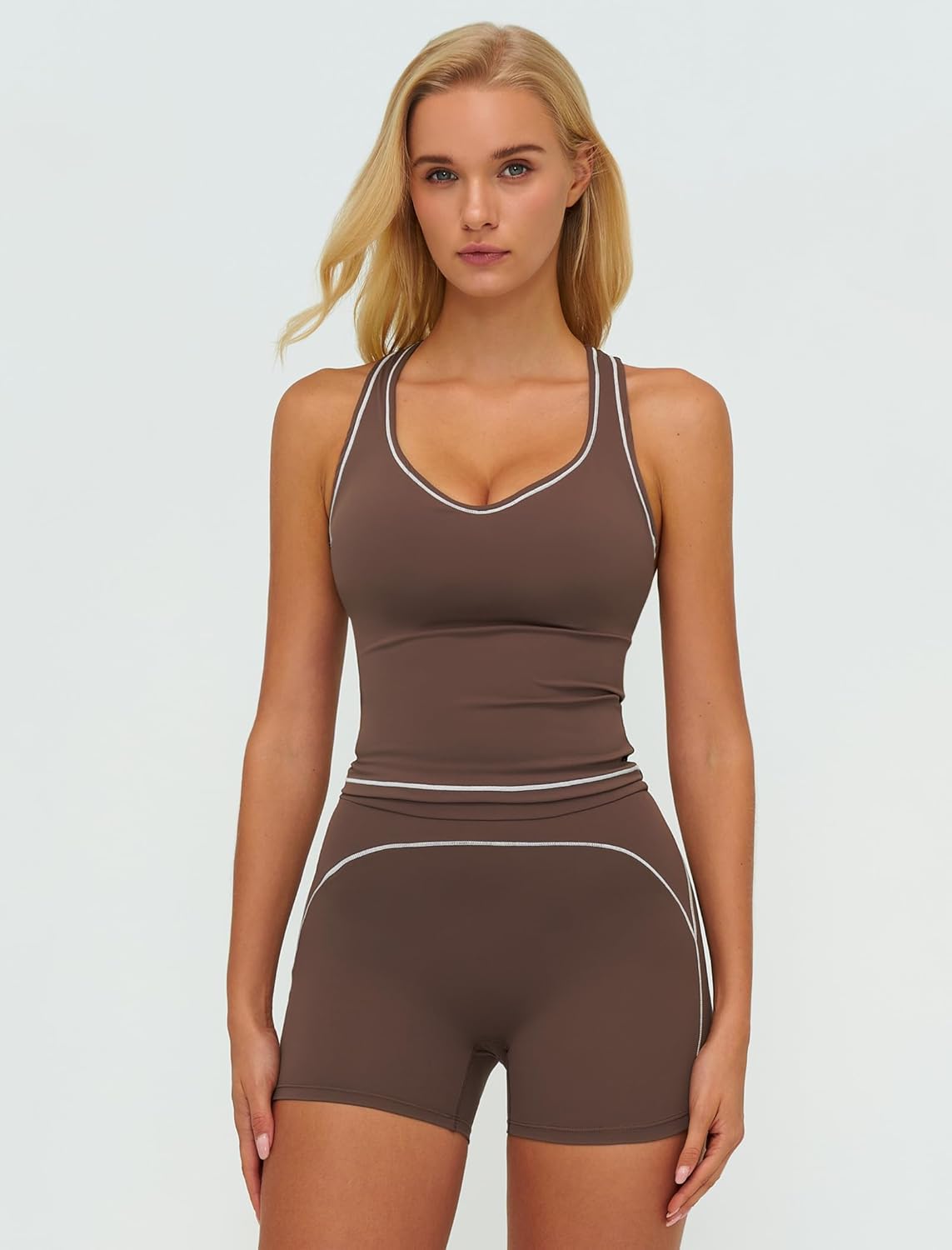 Two Piece Workout Sets for Women Color Block Racerback Tank Tops and High Waist Shorts Gym Yoga Outfits