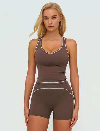 Two Piece Workout Sets for Women Color Block Racerback Tank Tops and High Waist Shorts Gym Yoga Outfits