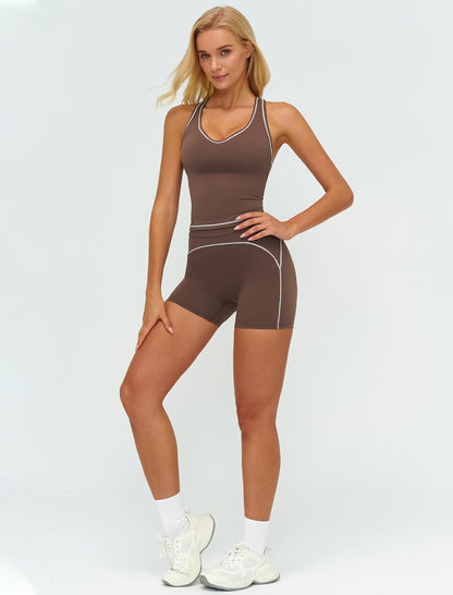 Two Piece Workout Sets for Women Color Block Racerback Tank Tops and High Waist Shorts Gym Yoga Outfits