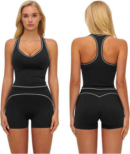 Two Piece Workout Sets for Women Color Block Racerback Tank Tops and High Waist Shorts Gym Yoga Outfits