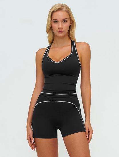Two Piece Workout Sets for Women Color Block Racerback Tank Tops and High Waist Shorts Gym Yoga Outfits