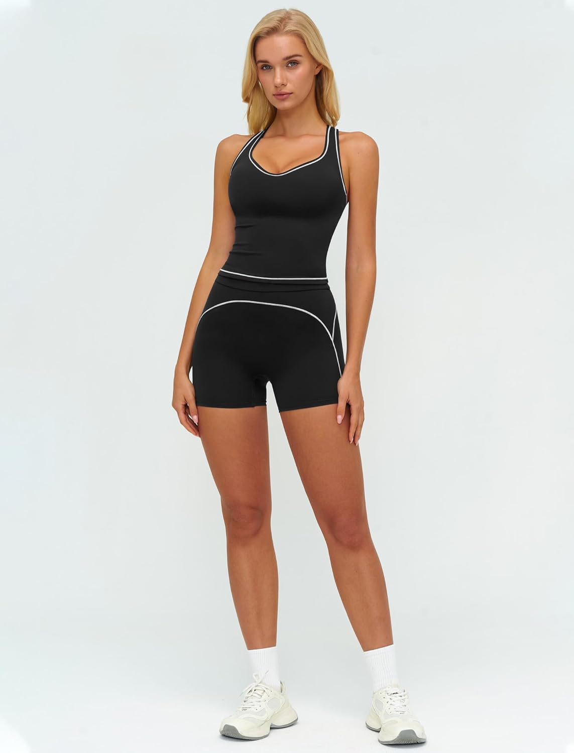 Two Piece Workout Sets for Women Color Block Racerback Tank Tops and High Waist Shorts Gym Yoga Outfits