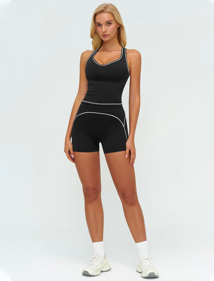 Two Piece Workout Sets for Women Color Block Racerback Tank Tops and High Waist Shorts Gym Yoga Outfits