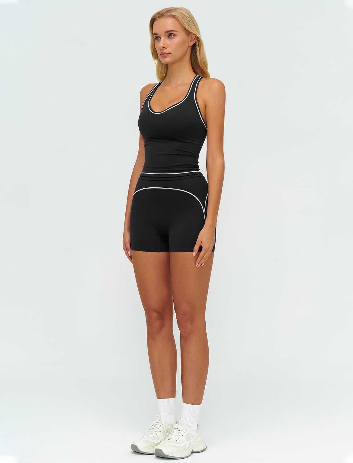 Two Piece Workout Sets for Women Color Block Racerback Tank Tops and High Waist Shorts Gym Yoga Outfits