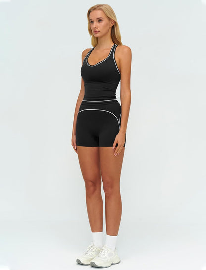 Two Piece Workout Sets for Women Color Block Racerback Tank Tops and High Waist Shorts Gym Yoga Outfits