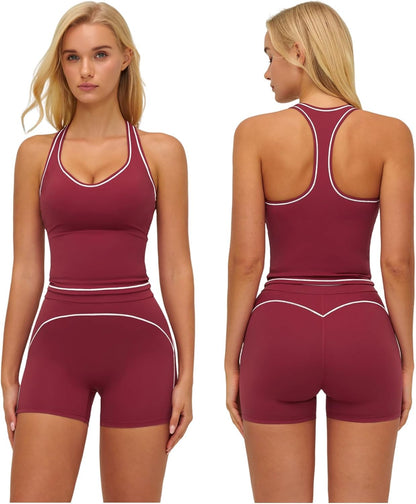 Two Piece Workout Sets for Women Color Block Racerback Tank Tops and High Waist Shorts Gym Yoga Outfits