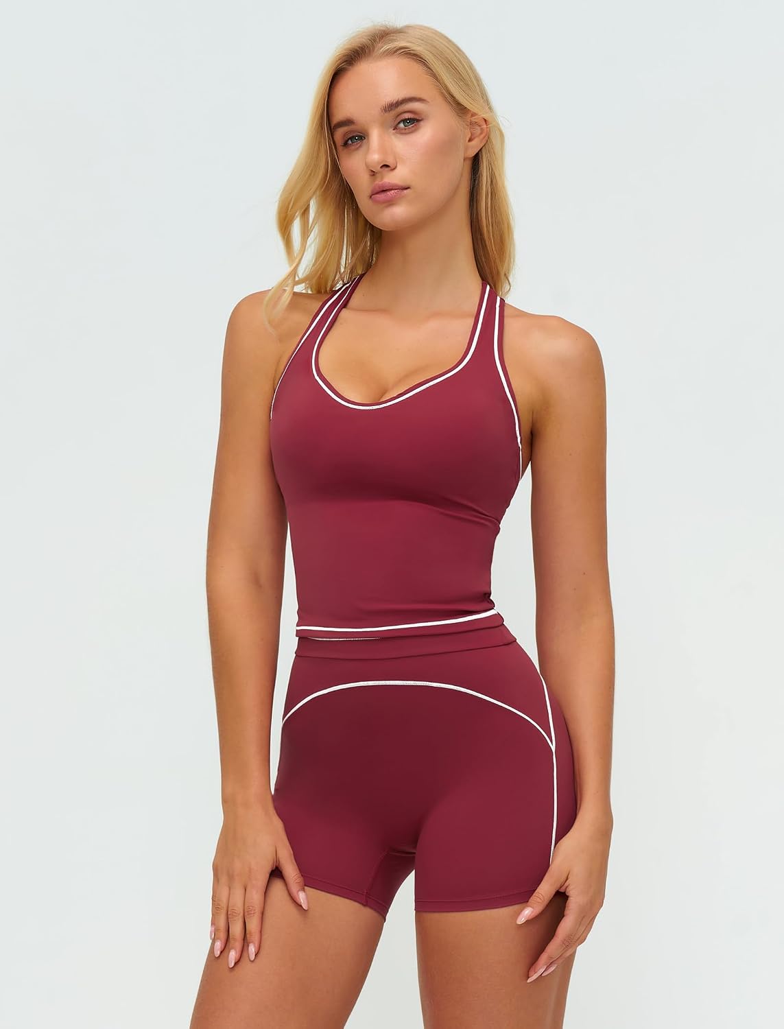 Two Piece Workout Sets for Women Color Block Racerback Tank Tops and High Waist Shorts Gym Yoga Outfits