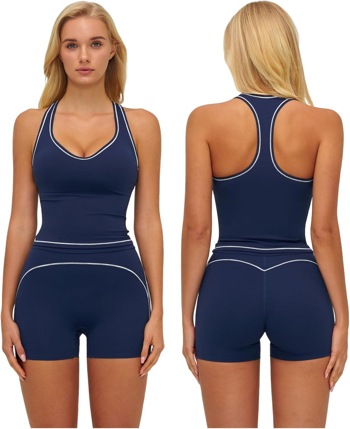 Two Piece Workout Sets for Women Color Block Racerback Tank Tops and High Waist Shorts Gym Yoga Outfits