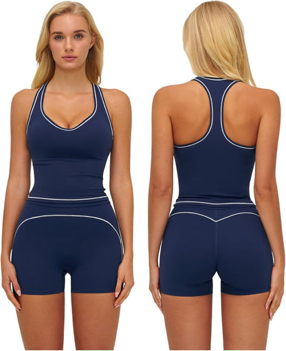 Two Piece Workout Sets for Women Color Block Racerback Tank Tops and High Waist Shorts Gym Yoga Outfits
