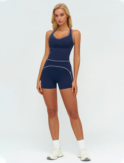 Two Piece Workout Sets for Women Color Block Racerback Tank Tops and High Waist Shorts Gym Yoga Outfits
