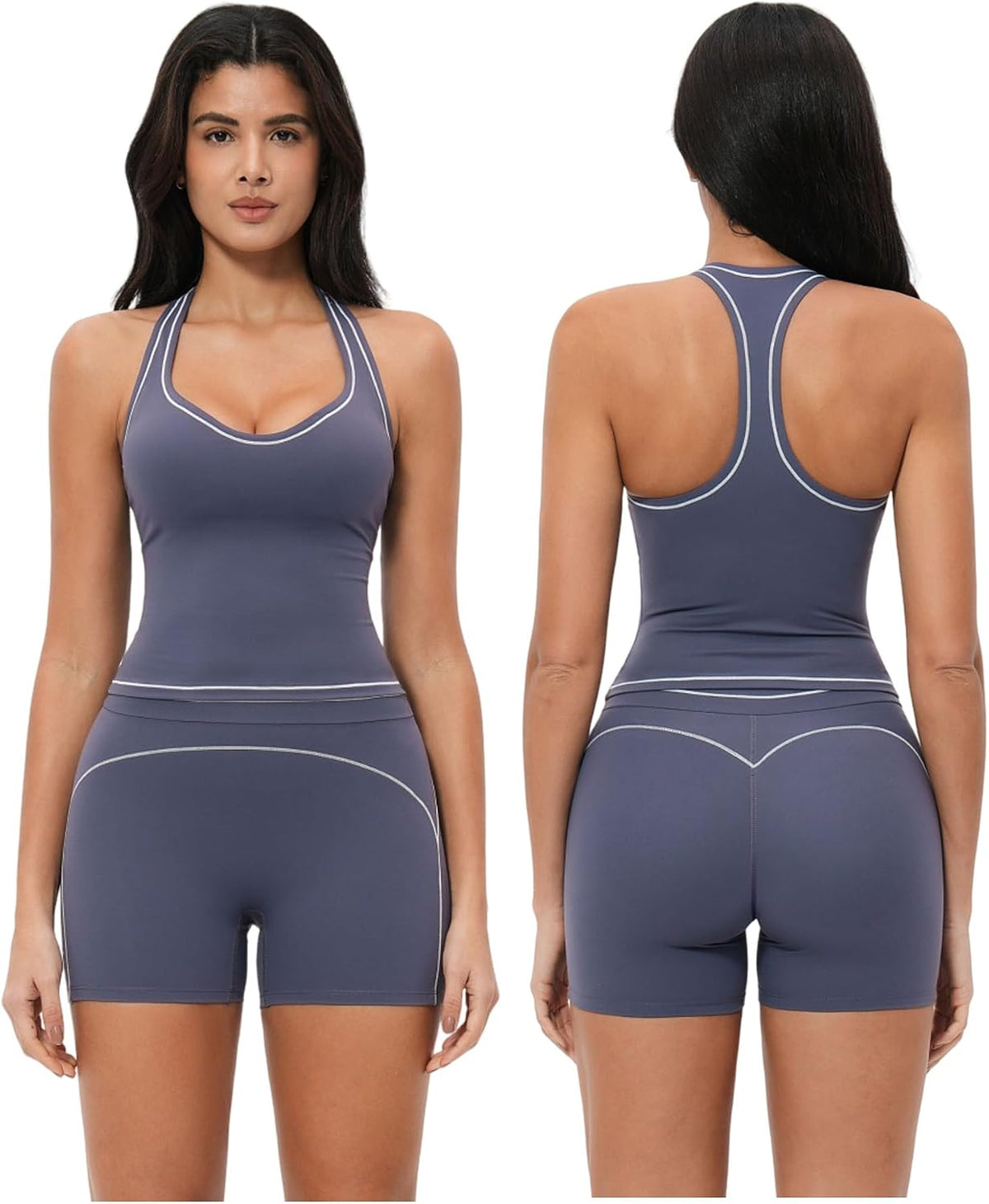 Two Piece Workout Sets for Women Color Block Racerback Tank Tops and High Waist Shorts Gym Yoga Outfits