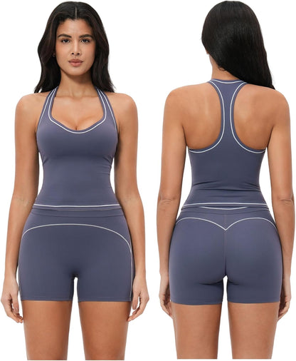 Two Piece Workout Sets for Women Color Block Racerback Tank Tops and High Waist Shorts Gym Yoga Outfits