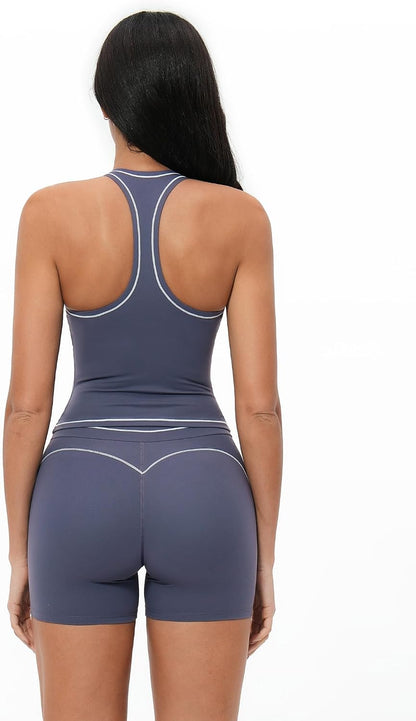 Two Piece Workout Sets for Women Color Block Racerback Tank Tops and High Waist Shorts Gym Yoga Outfits