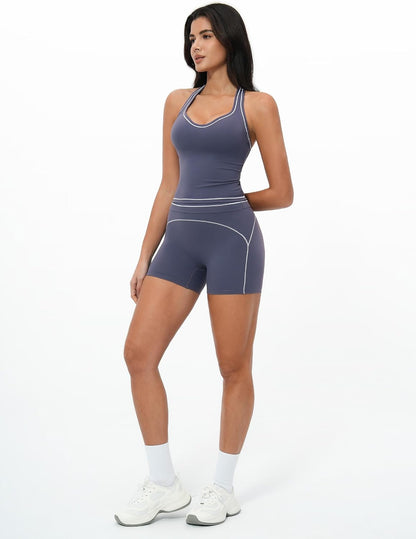 Two Piece Workout Sets for Women Color Block Racerback Tank Tops and High Waist Shorts Gym Yoga Outfits