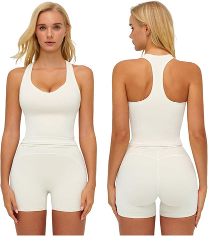 Two Piece Workout Sets for Women Color Block Racerback Tank Tops and High Waist Shorts Gym Yoga Outfits