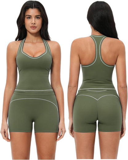 Two Piece Workout Sets for Women Color Block Racerback Tank Tops and High Waist Shorts Gym Yoga Outfits