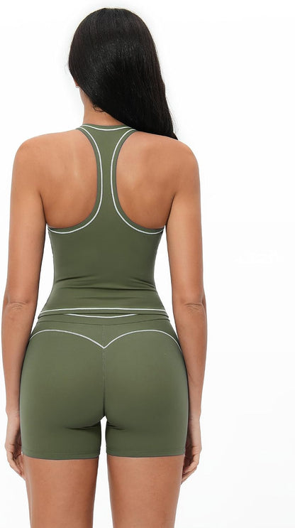 Two Piece Workout Sets for Women Color Block Racerback Tank Tops and High Waist Shorts Gym Yoga Outfits