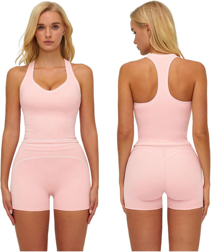 Two Piece Workout Sets for Women Color Block Racerback Tank Tops and High Waist Shorts Gym Yoga Outfits