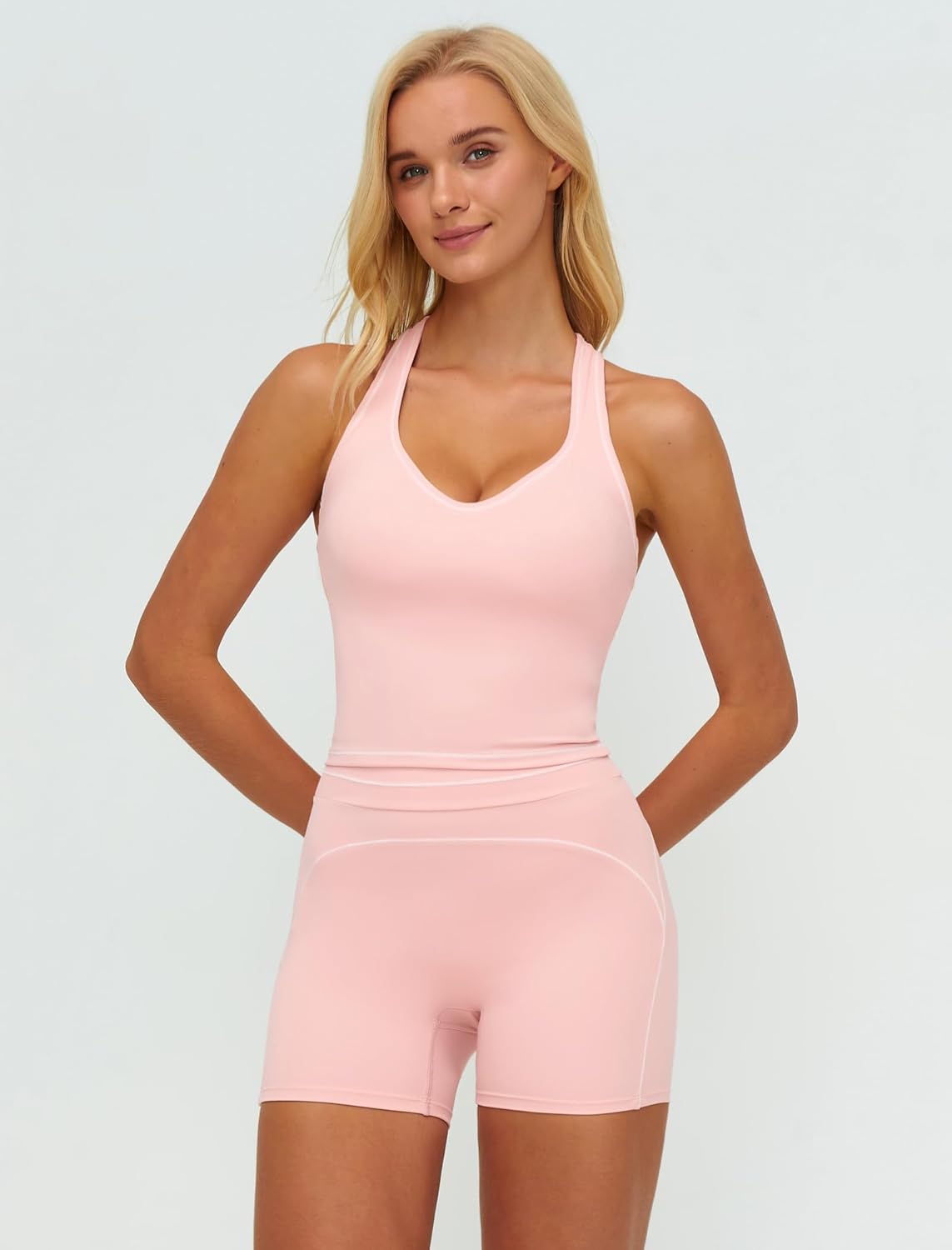Two Piece Workout Sets for Women Color Block Racerback Tank Tops and High Waist Shorts Gym Yoga Outfits