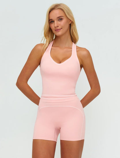 Two Piece Workout Sets for Women Color Block Racerback Tank Tops and High Waist Shorts Gym Yoga Outfits