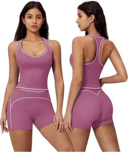 Two Piece Workout Sets for Women Color Block Racerback Tank Tops and High Waist Shorts Gym Yoga Outfits