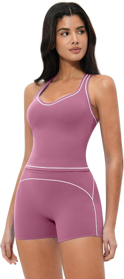 Two Piece Workout Sets for Women Color Block Racerback Tank Tops and High Waist Shorts Gym Yoga Outfits