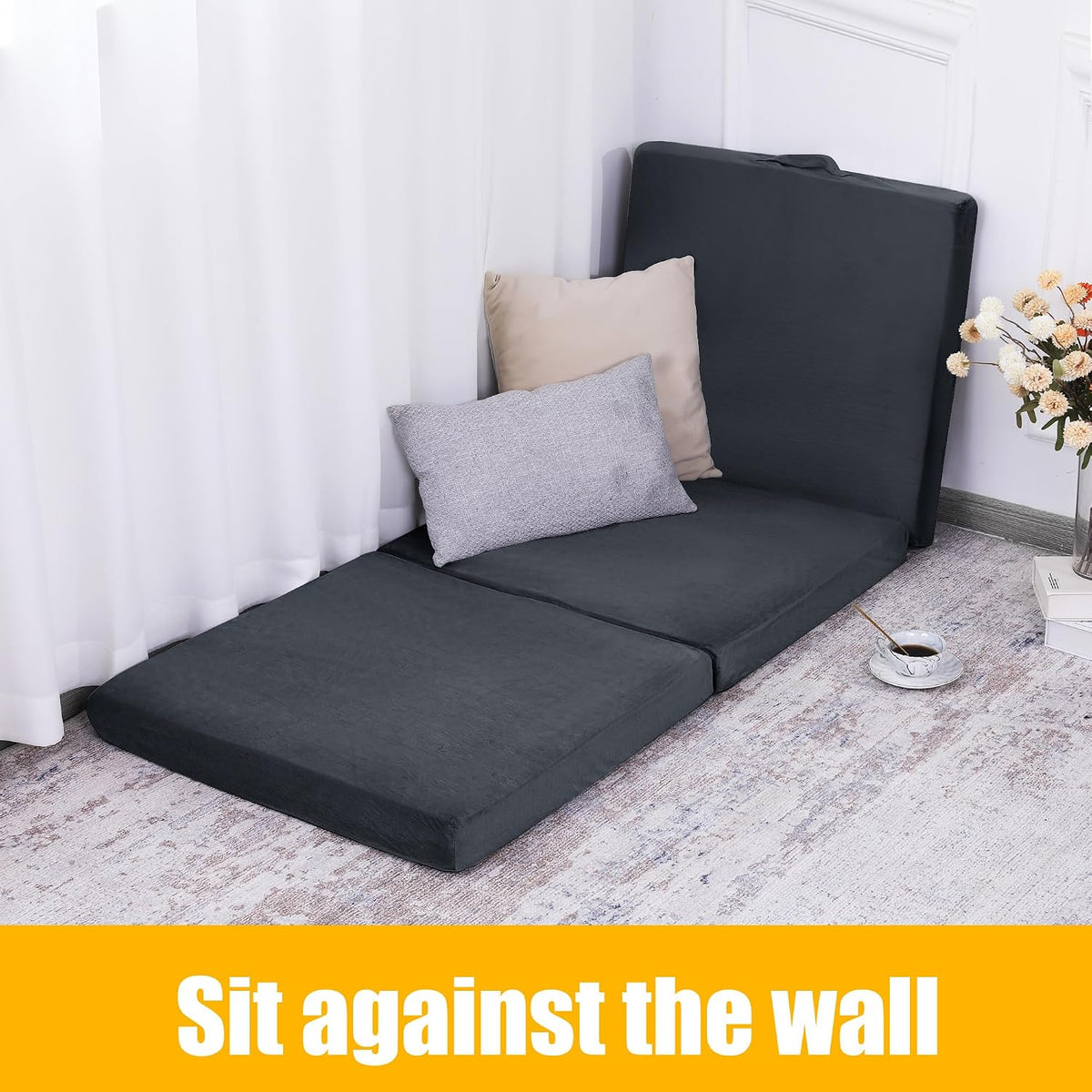 Floor Lounger Pillow,Foldable Soft Memory Foam Floor Pillow Portable 3-Piece Folding Pillow with Handle,Suit for Meditation,Playing,Yoga,Reading,Sleeping(Dark Gray)