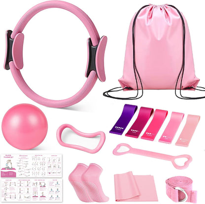 Home Pilates Kit for Women, Essentials Pilates Equipment Set with 14‘’ Pilates Ring and Mini Ball, 5 Resistance Bands & Accessories, Tutorial Charts, Pilates Ring Set for Beginners Workout at Home
